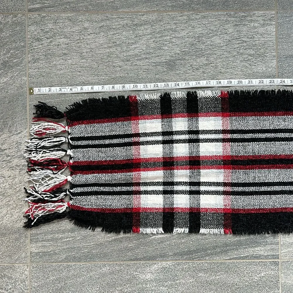 NWT Macy's x Style & Co Ultra-soft Fringe Scarf Black Red White Plaid Stripes